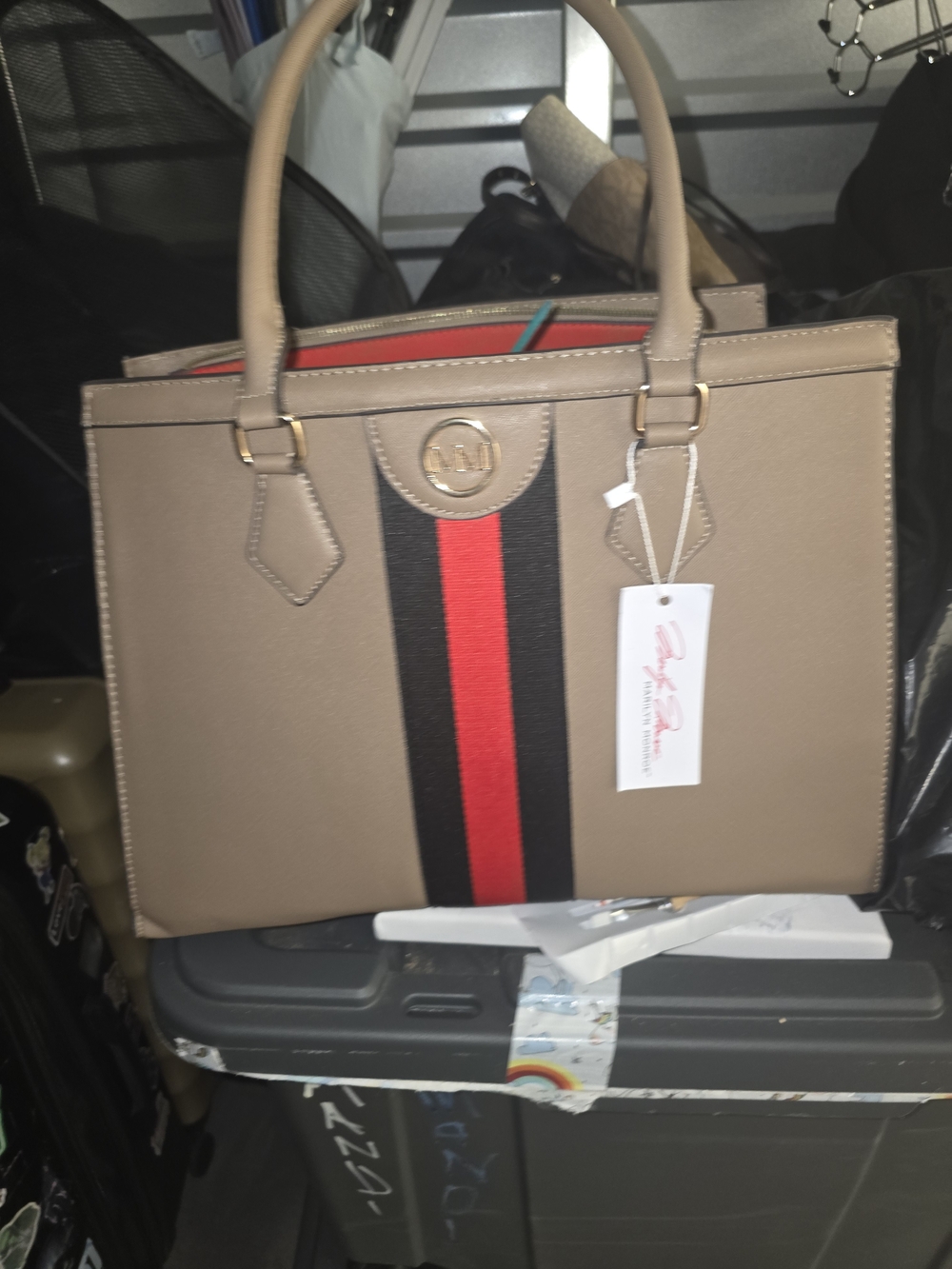 Taupe Tote with Black and Red Center Stripe - Women’s Top-Handle Bag